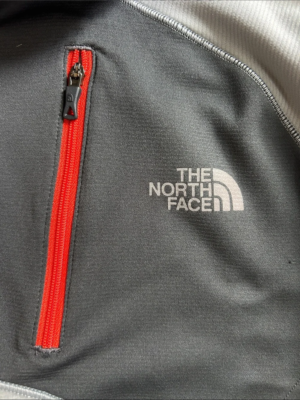 Men’s The North Face Gray Pullover 1/4 Zip with Black Panel and Orange Zipper, L